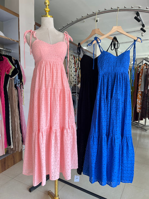 Summer Embroidered Patchwork Spaghetti Straps Flounce Long Dresses
